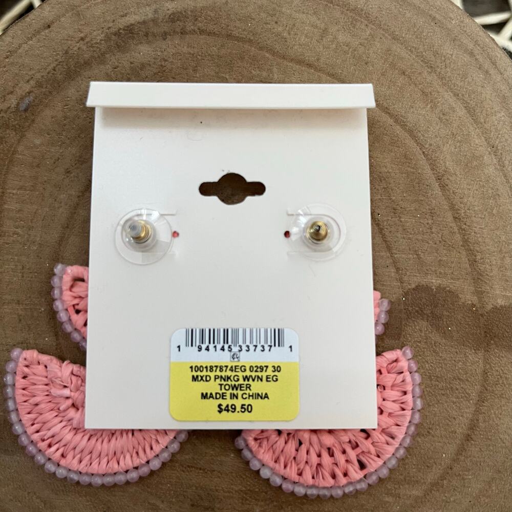 ON 34th Pink Gold-Tone Stone Bead & Woven Raffia Drop Earrings - Picture 3 of 3
